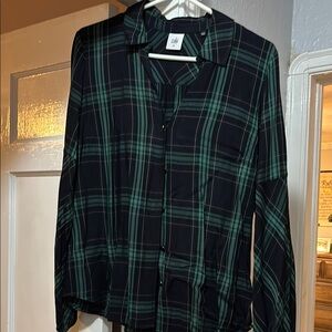 CAbi Green and Navy Plaid Button-Up Blouse w V neck